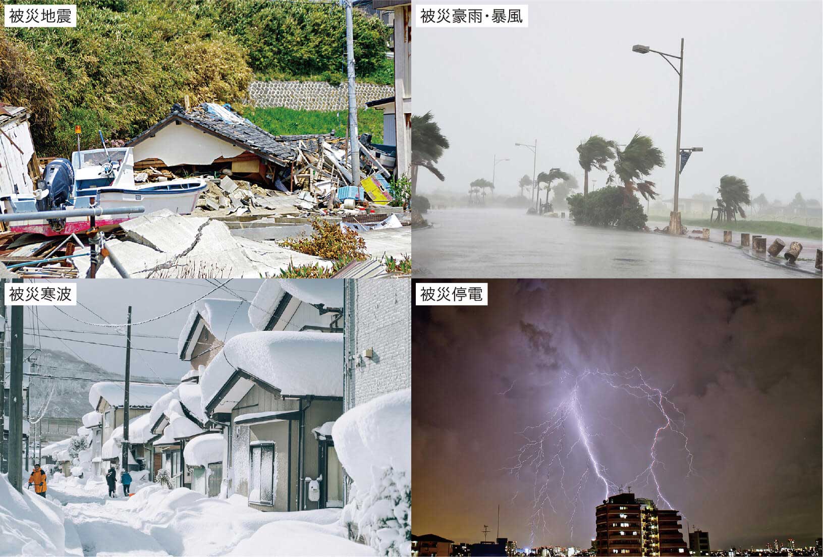 地震・豪雨・暴風・寒波・停電などの被災イメージ